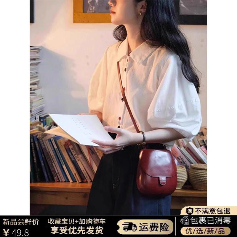 法式白色泡泡袖短袖衬衫女夏季薄款衬衣设计感小众小个子棉麻上衣