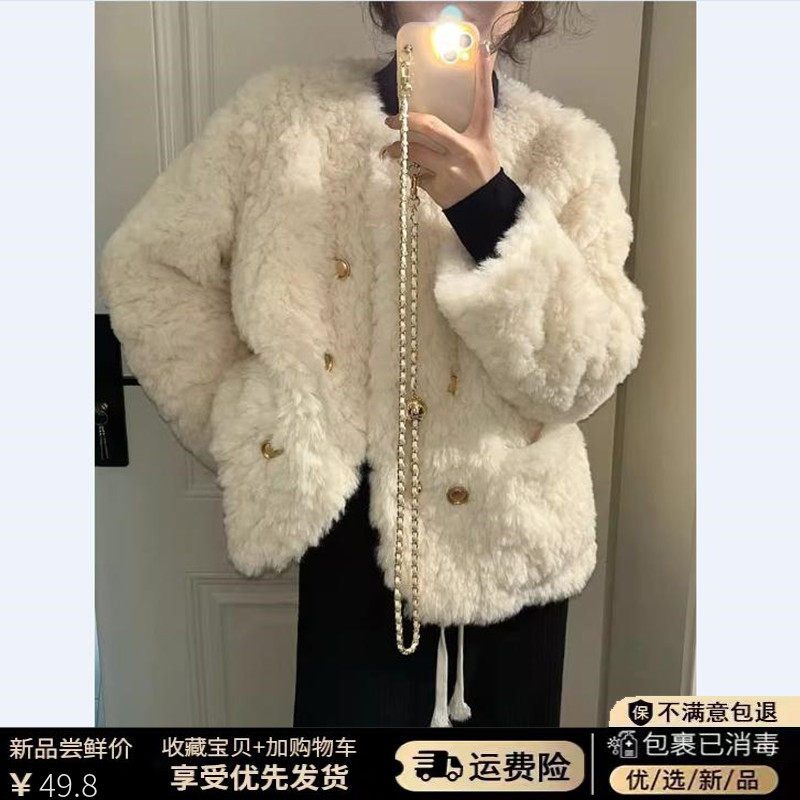 小香风羊羔毛外套女2025冬季新款小个子宽松加厚白色毛毛上衣棉服