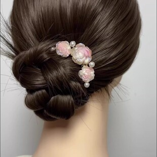 2025新款中式粉色玫瑰花珍珠发簪盘发神器四齿发梳中国风发插头饰