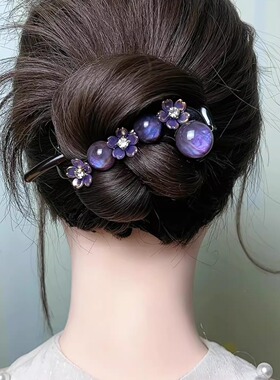 2026新款紫色炫彩珠珠花朵扭扭夹女高级感后脑勺懒人盘发器夹子