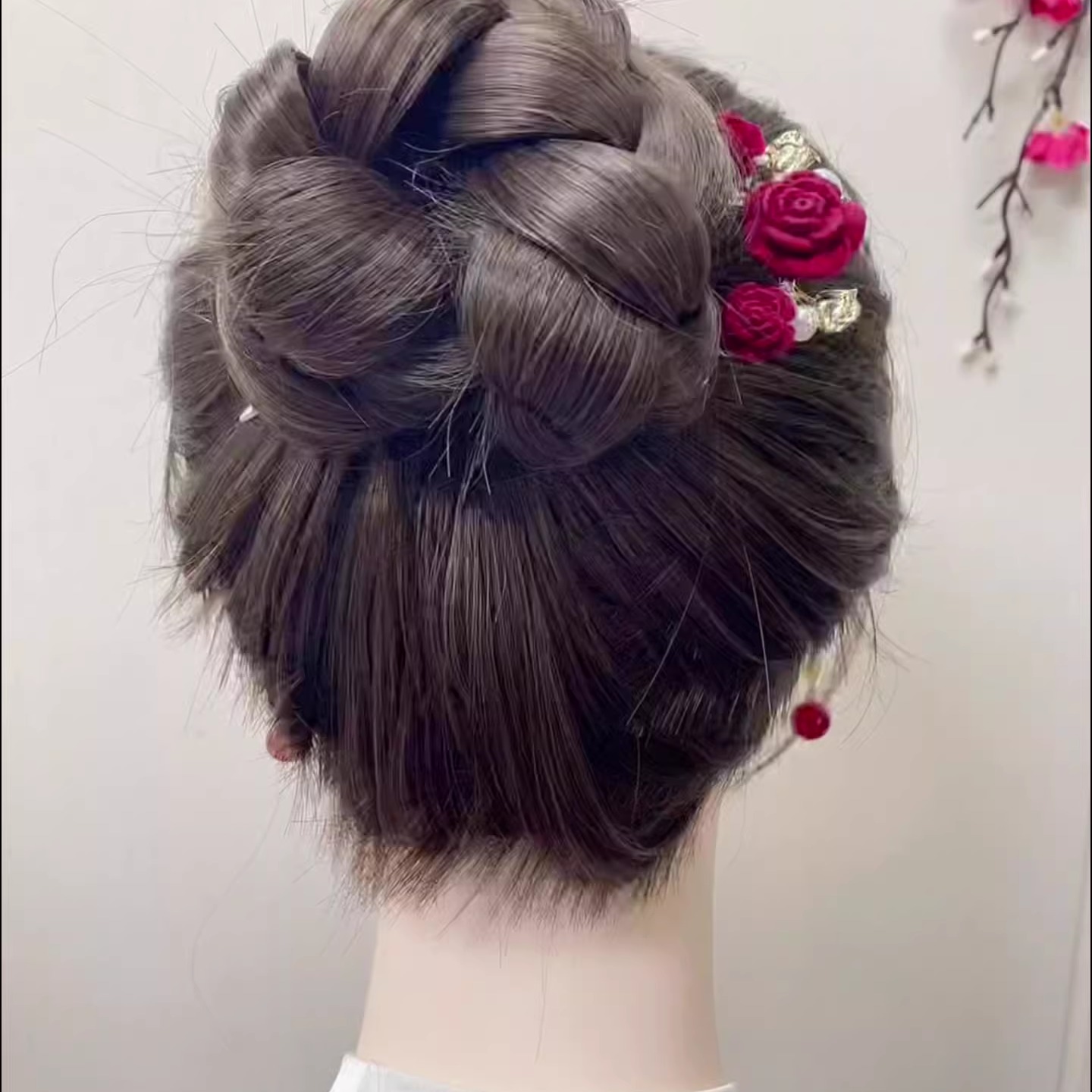 新中式头饰红色玫瑰花发簪u型簪