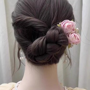 超仙玫瑰花三齿U型发簪女氛围感半扎发插梳发钗后脑勺盘发器簪花