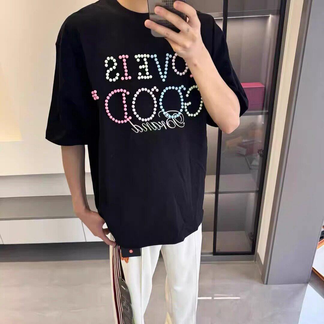 网红同款彩色珍珠短袖T恤男女宽T恤