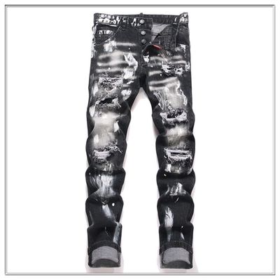 美式轻奢破洞补丁涂鸦牛仔裤男款青少年高端泼墨修身小脚休闲长裤
