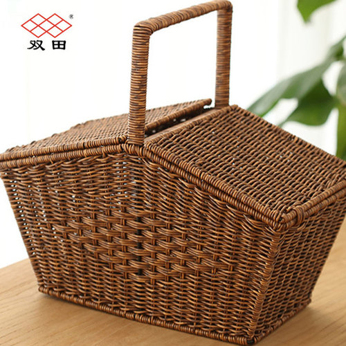 田园风手提篮带盖仿藤编织野餐篮