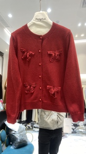 欧货小香风钉珠蝴蝶结针织开衫女红圆领长袖毛衣外套洋气减龄上衣