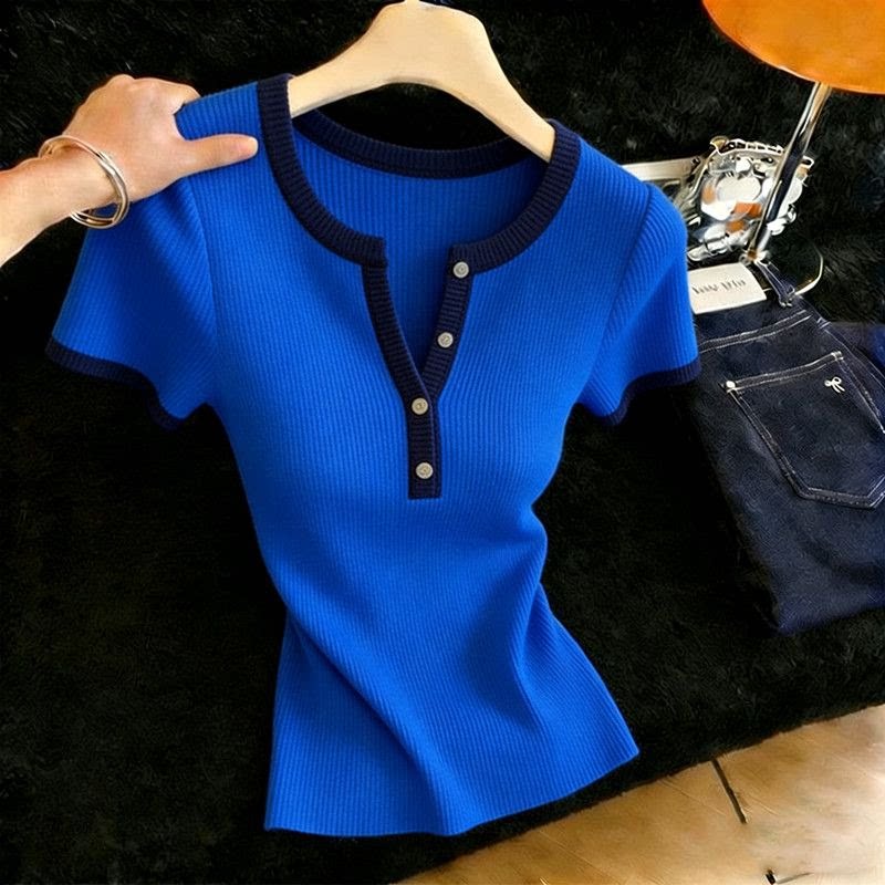 胖MM复古chic洋气圆领短袖针织衫女夏季新款超好看修身显瘦上衣