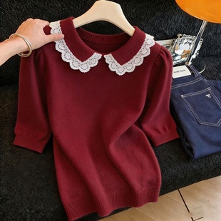 超好看爆款 胖MM复古chic洋气红色短袖 新款 女夏季 显瘦上衣 针织衫