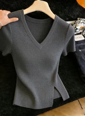 胖MM复古chic洋气V领短袖针织衫女夏季新款超好看爆款显瘦上衣