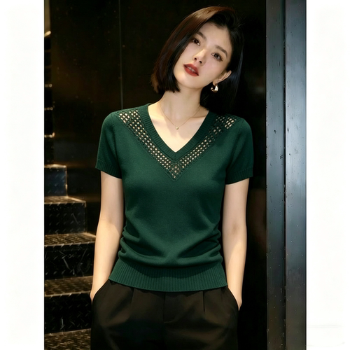 胖MM复古chic洋气V领短袖针织衫女夏季新款超好看镂空显瘦上衣