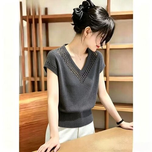 胖MM复古chic洋气v领短袖针织衫女夏季新款超好看高级显瘦上衣