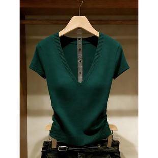 胖MM复古chic洋气V领短袖针织衫女夏季新款超好看修身显瘦上衣