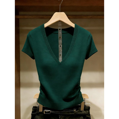 胖MM复古chic洋气V领短袖针织衫女夏季新款超好看修身显瘦上衣