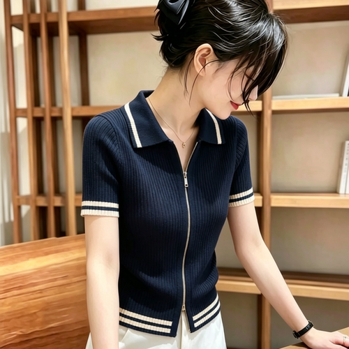 胖MM针织衫女夏薄款冰丝拉链短袖上衣轻奢高级感t恤超好看的套头
