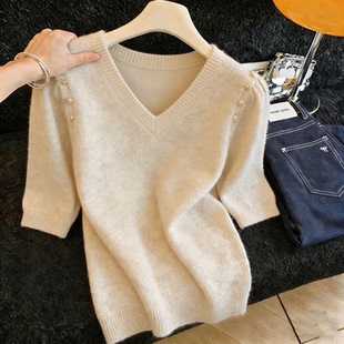 超好看爆款 胖MM复古chic洋气V领半袖 新款 女夏季 显瘦上衣 针织衫