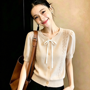 胖MM复古chic洋气高级短袖针织开衫女夏季新款超好看细带显瘦上衣