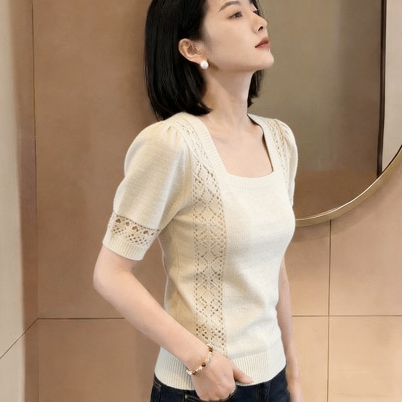 胖MM复古chic洋气方领短袖针织衫女夏季新款超好看爆款显瘦上衣