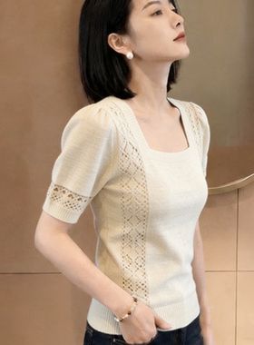 胖MM复古chic洋气方领短袖针织衫女夏季新款超好看爆款显瘦上衣