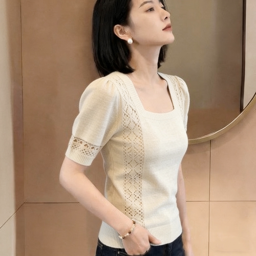 胖MM复古chic洋气方领短袖针织衫女夏季新款超好看爆款显瘦上衣