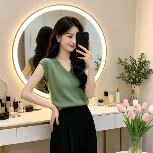 胖MM针织衫女夏薄款冰丝V领短袖上衣轻奢风高级感t恤超好看的套头