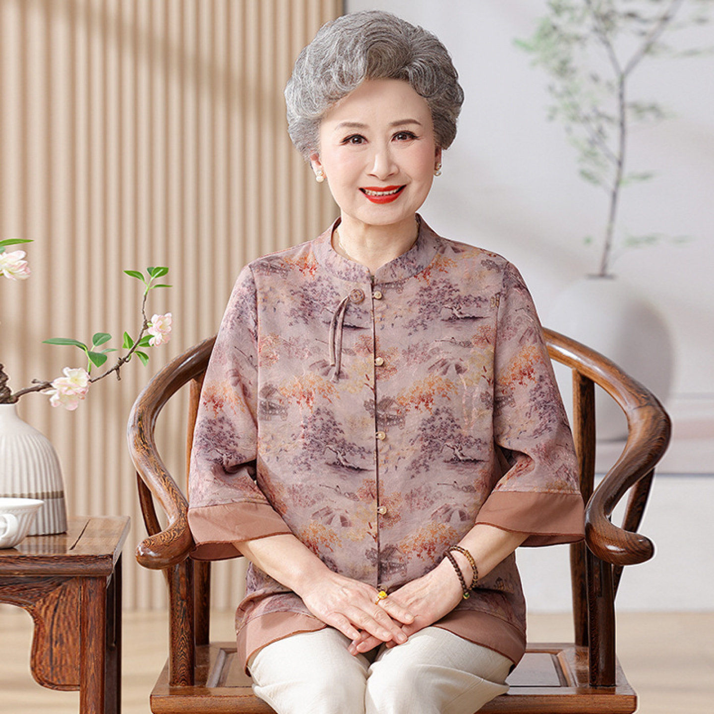 【100%桑蚕丝】妈妈奶奶夏装衬衫女中老年人上衣裤子两件套装真丝