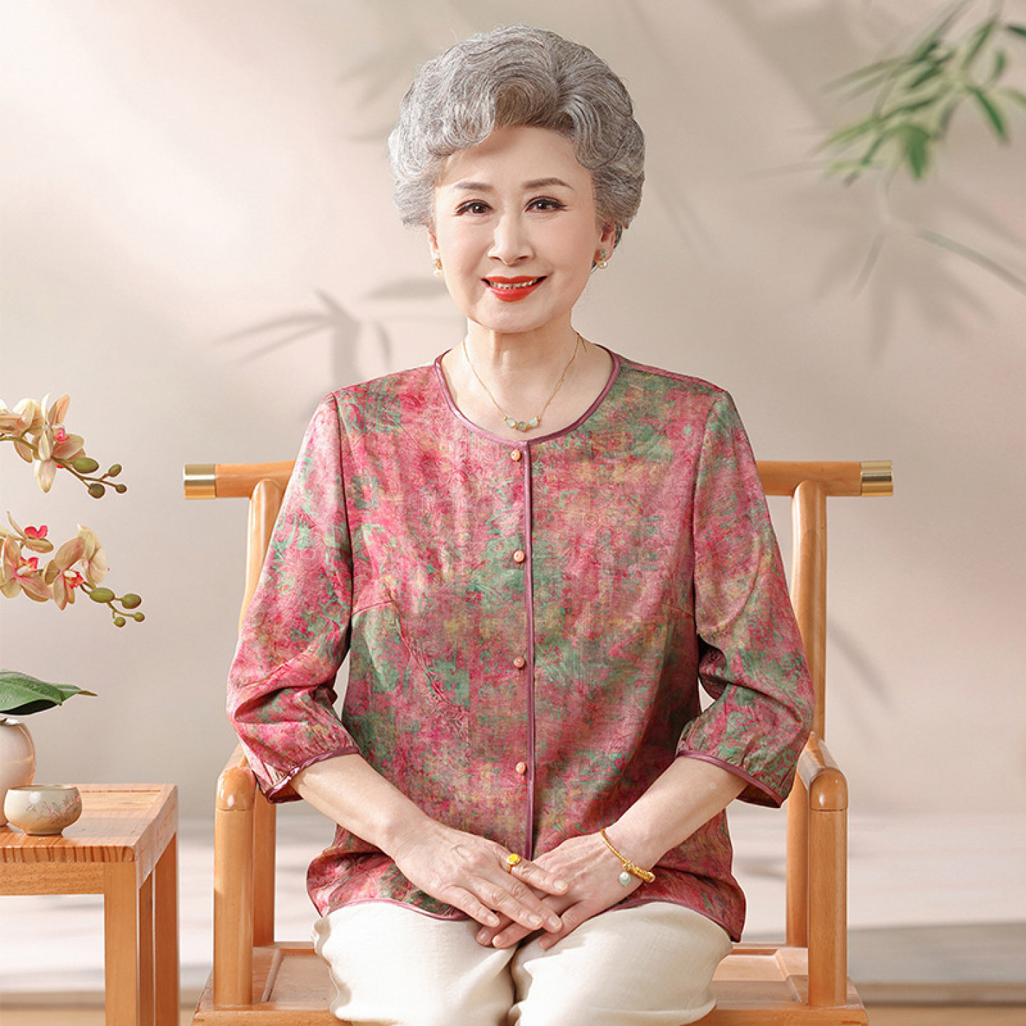 【100%凉感桑蚕丝】妈妈真丝奶奶夏装衬衫女中老年人上衣套装开衫