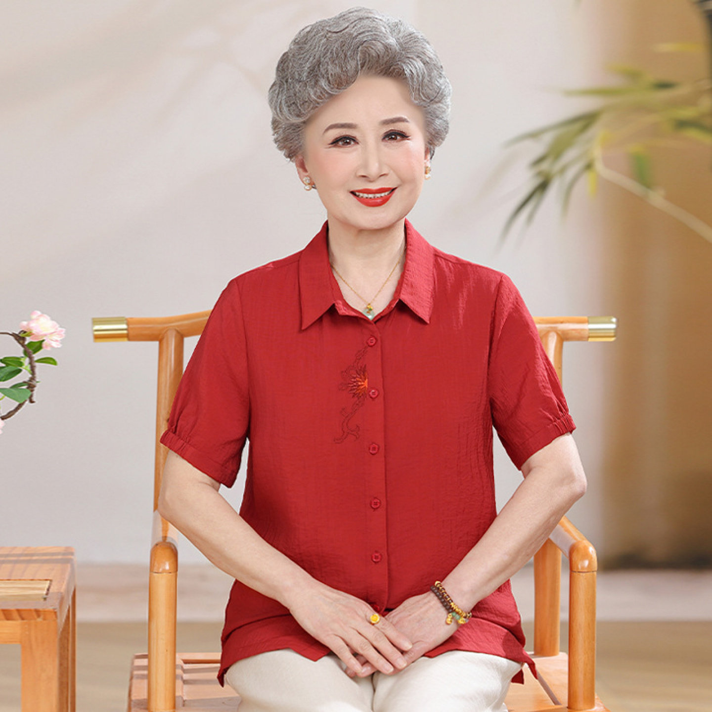 【桑蚕丝100%】上衣裤子两件套装妈妈奶奶夏装衬衫女中老年人真丝