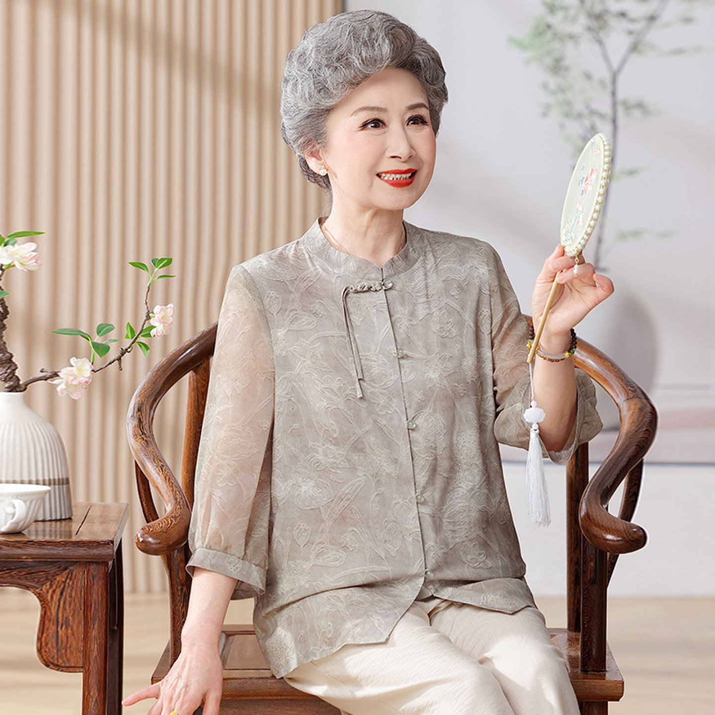 【100%凉感桑蚕丝】奶奶夏装衬衫女开衫妈妈真丝套装上衣中老年人