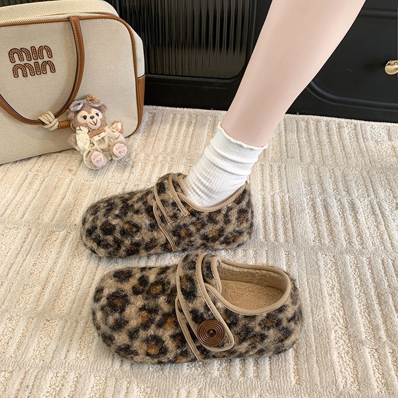 网红豹纹居家用毛毛拖鞋女秋冬季外穿平底防滑露趾交叉毛毛棉拖鞋