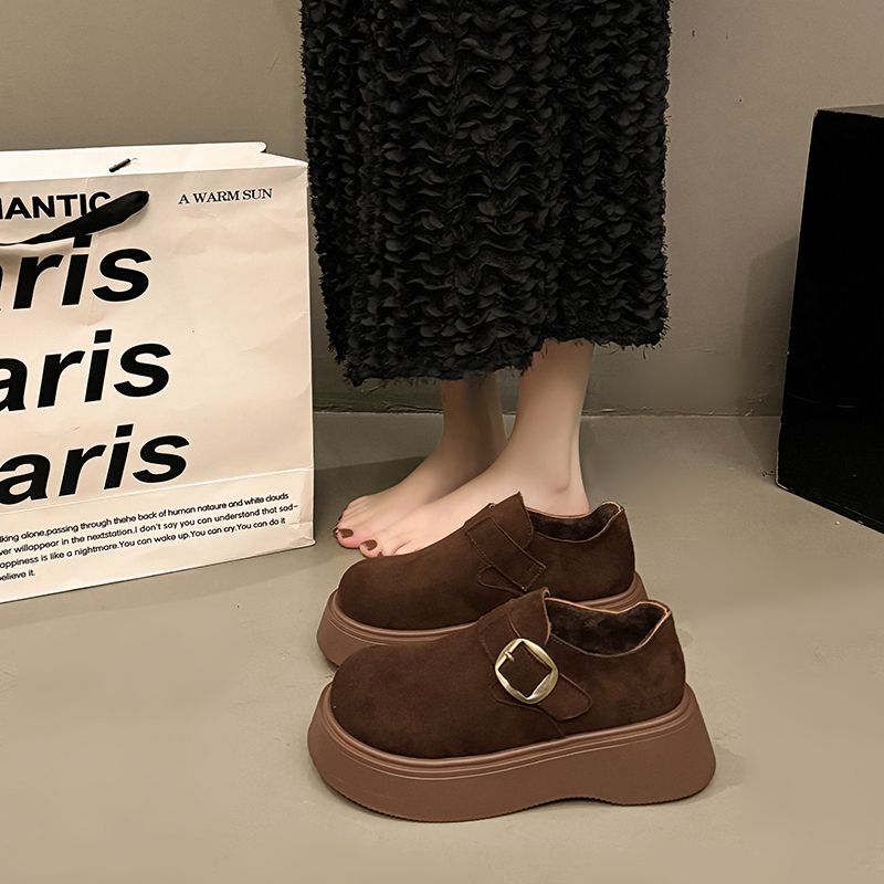 专柜断码春秋新款厚底增高乐福鞋皮带扣大头皮鞋两穿勃肯鞋女