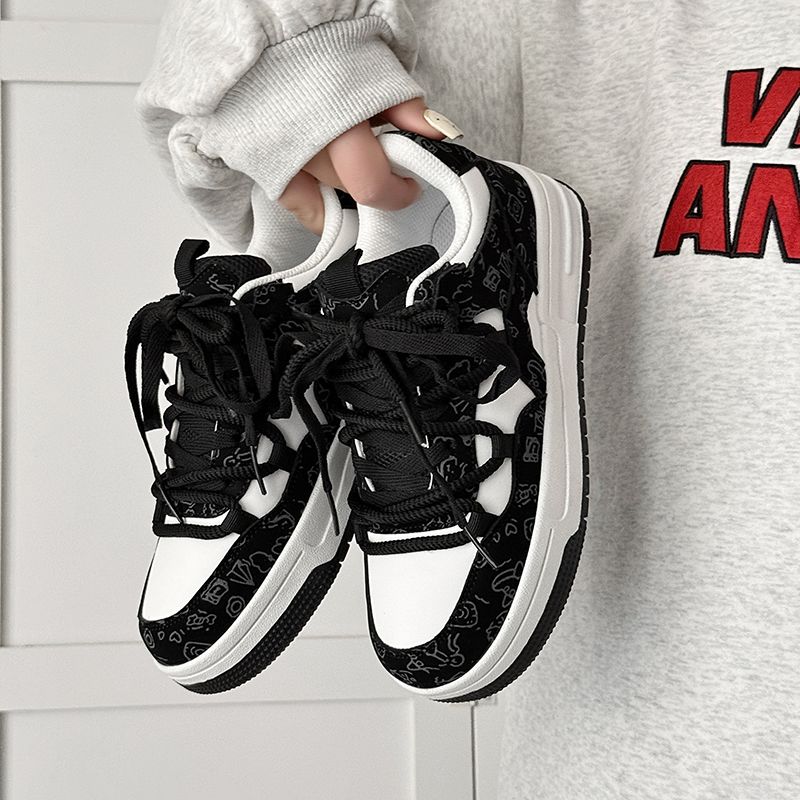 欧货圆头松糕厚底增高撞色熊猫鞋休闲小白鞋单鞋女百搭黑白配