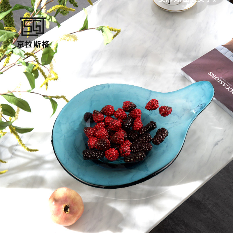 现代奢华蓝色水墨玻璃水果盘创意干果盘家用客厅摆件餐桌茶几摆设