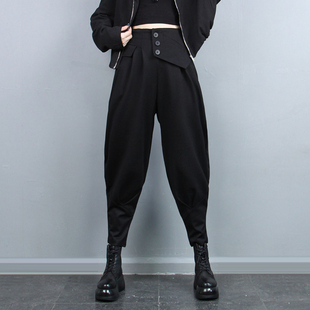 新品 女2025年春季 不对称拼接束脚裤 灯笼裤 子潮 时尚 黑裤 小脚哈伦裤