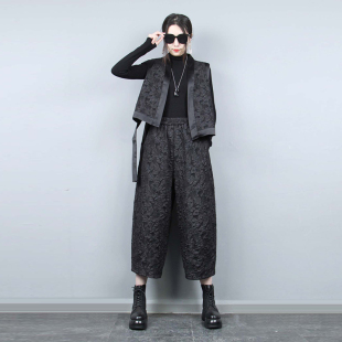 气质九分裤 复古提花不对称马甲灯笼裤 新品 女2025年秋季 两件套 套装