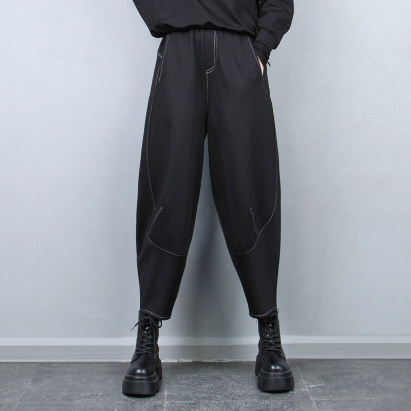 时尚松紧腰白线老爹裤女2025年秋季新品宽松哈伦裤黑裤垮裤休闲裤,女装/女士精品,休闲裤,淘宝优惠券,粉丝福利购,淘宝优惠卷