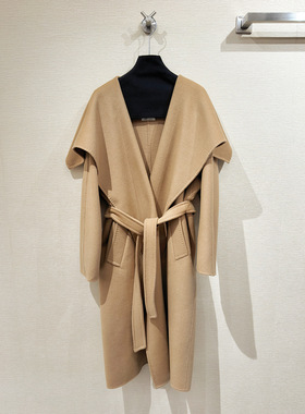 2025M家Rienza大翻领山羊绒大衣双面水波纹中长款系带毛呢外套女