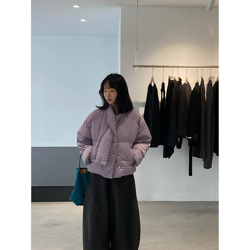 江左 三星安心90白鸭绒 紫色围脖短款羽绒服女外套韩系显瘦 6385