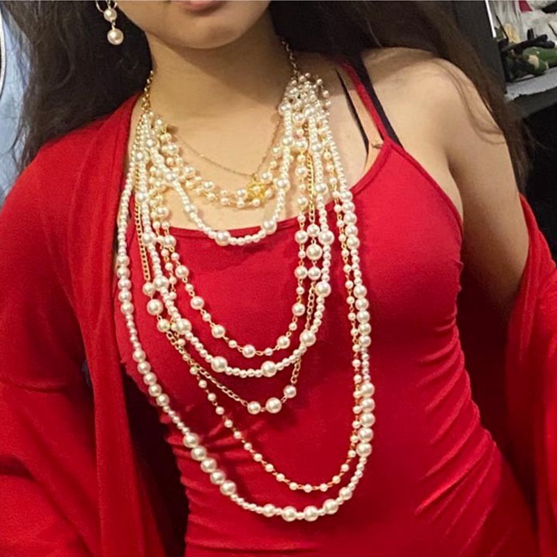 轻奢欧美项链仿珍珠流苏长款女