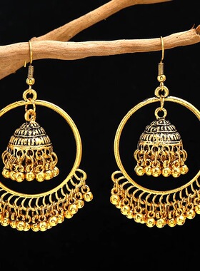 印度jhumka耳环敦煌异域复古几何圆圈铃铛珠子流苏耳坠民族风耳饰