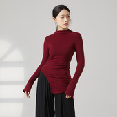 T恤运动健身瑜伽长袖 现代舞蹈训练服半高领侧高开叉喇叭袖 长款