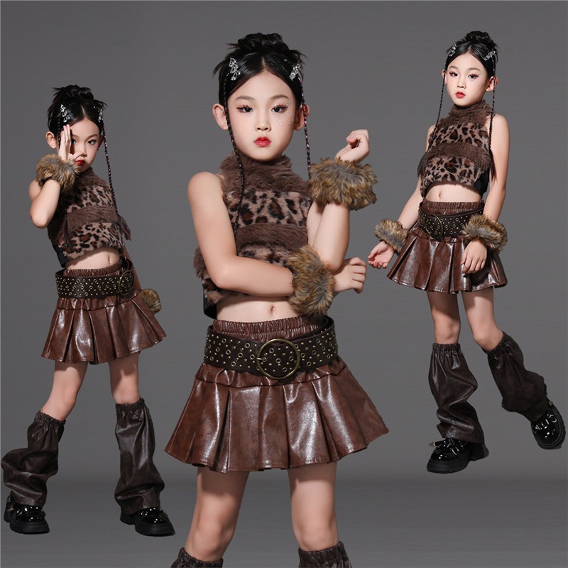 女童豹纹毛绒爵士舞服装儿童模特走秀潮装炸街时尚个性演出服女孩