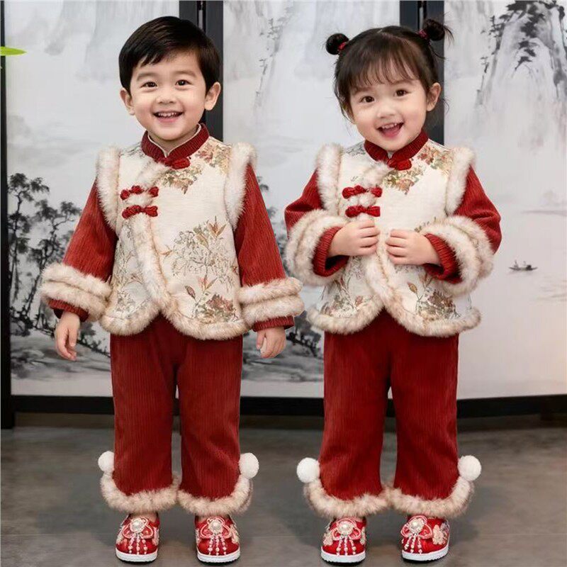 男女风加厚冬季服中国新年毛绒唐装礼服喜庆套装宝宝拜年儿童周岁