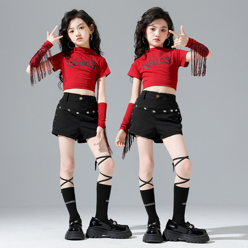 六一儿童演出服女童夏季露脐jazz爵士舞街舞表演潮装模特走秀流苏