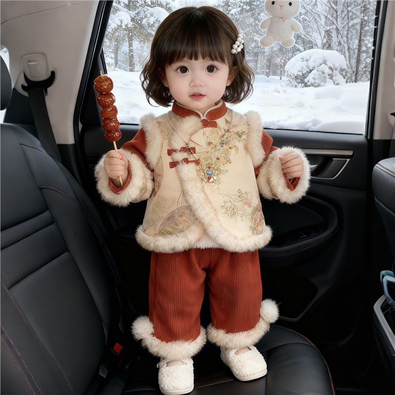 服套装拜年中风中国新年加厚新款秋冬毛绒女童礼服小童两件套