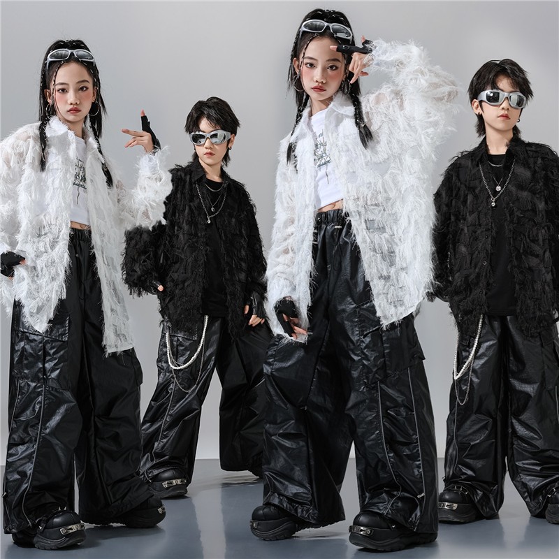 儿童街舞潮服男女童镂空羽毛衬衫舞台走秀女团爵士舞元旦演出服装