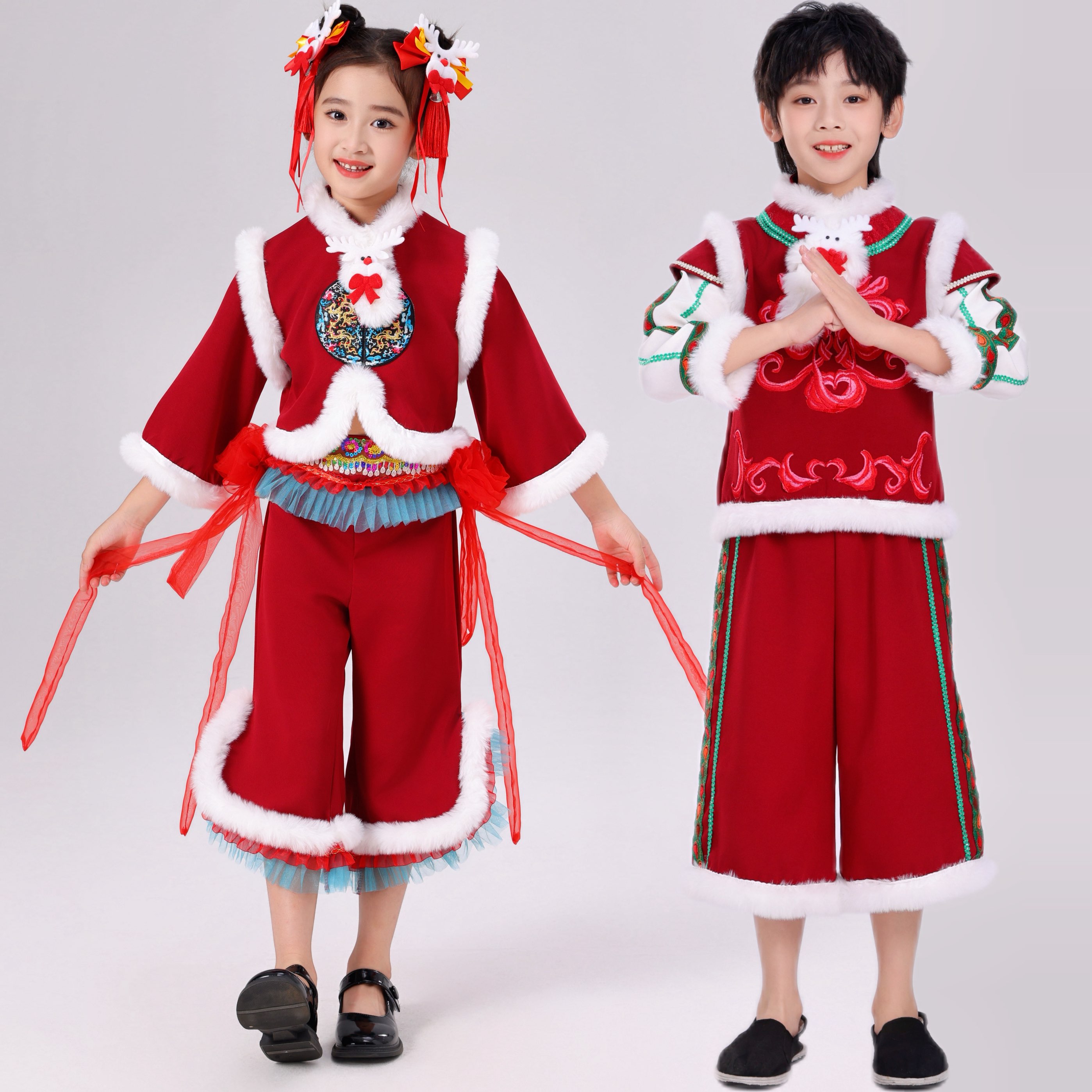 元旦喜庆开门红打鼓演出服儿童新年拜年服中国风幼儿园舞蹈表演服