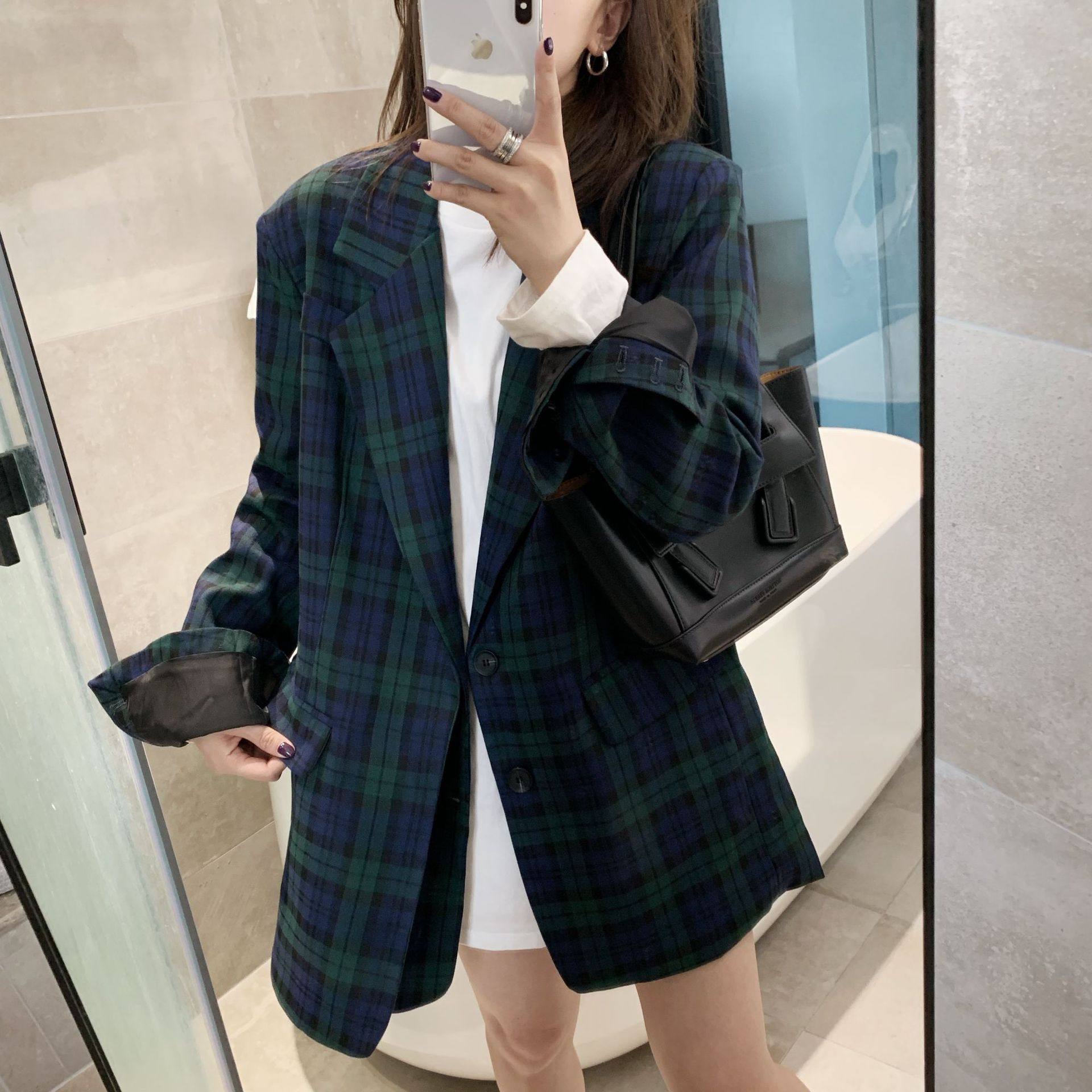 2019春装chic小西装外套女韩版英伦复古风中长款宽松西服