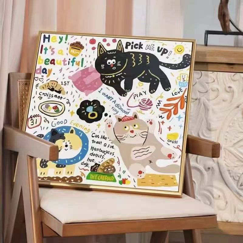 ins卡通猫咪狗狗可爱装饰画房间卧室彩色艺术背景墙装饰挂画摆画图片