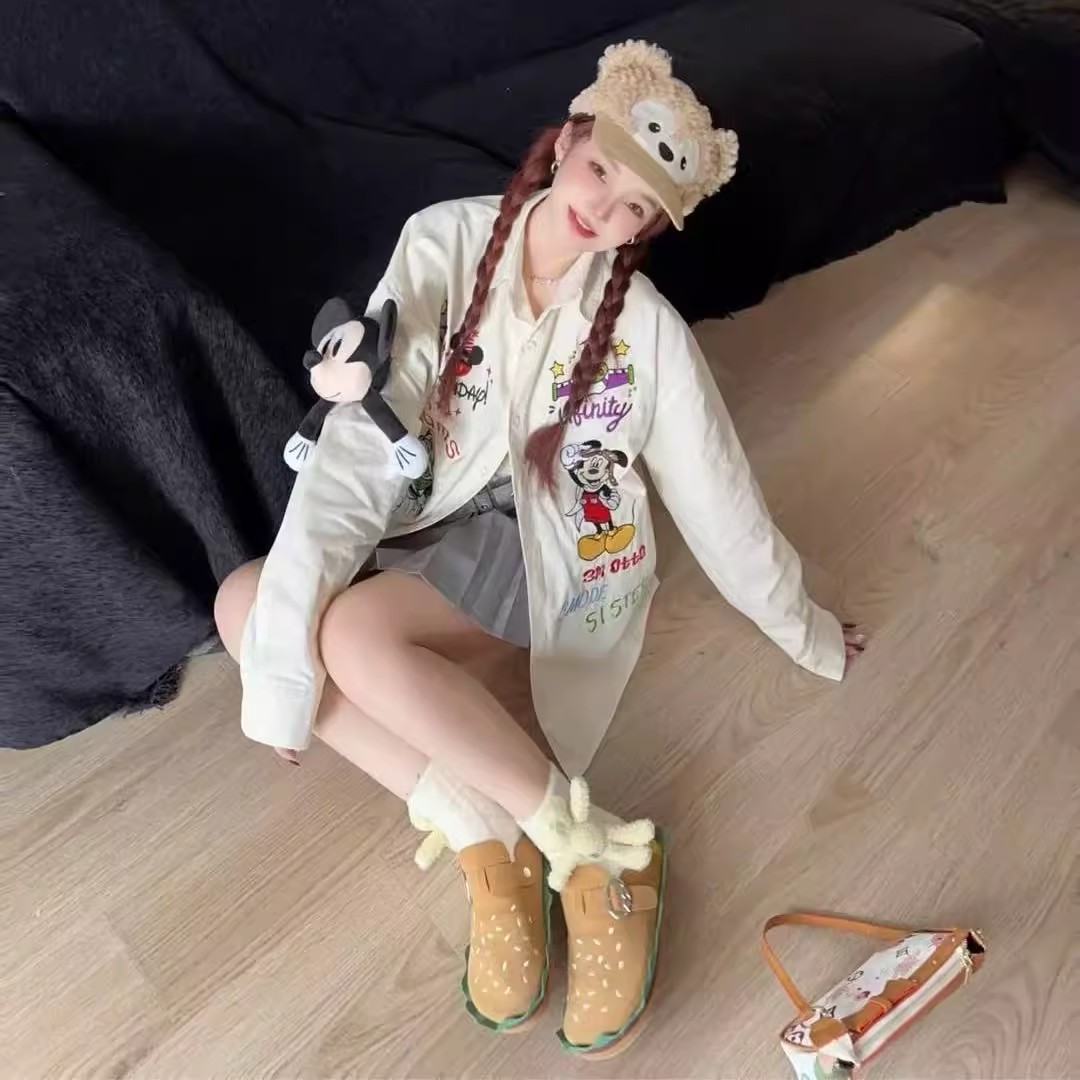 胖mm300斤大码米奇卡通刺绣可爱复古衬衫外套女春秋新款宽松上衣2