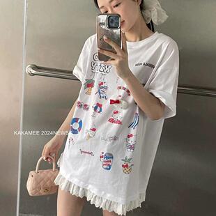 宽松显瘦中长款 卡通大码 T恤女夏季 300斤蕾丝拼接短袖 上衣潮 胖m24